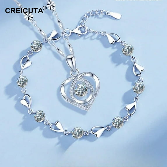 925 Silvery Heart Shape Necklace + Bracelet Stylish Jewelry Set Women Vintage Korean Sparkling Heart Design Paved Shiny Jewelry Valentine's Day Gift Party Wedding Mother's Day Best Gift
