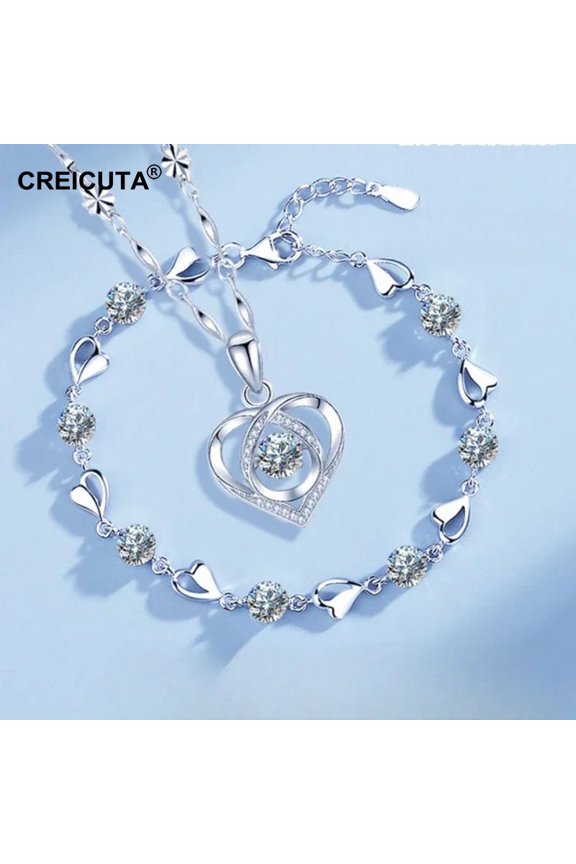 925 Silvery Heart Shape Necklace + Bracelet Stylish Jewelry Set Women Vintage Korean Sparkling Heart Design Paved Shiny Jewelry Valentine's Day Gift Party Wedding Mother's Day Best Gift