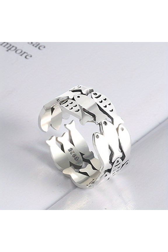 925 Silvery Ring, Retro Fish School Ring, Cold Style Fashion Index Finger Ring Open Ring Jewelry, Fashionable And Simple, Suitable for Daily And Various Occasions, Birthdays, Festivals, Surprise
