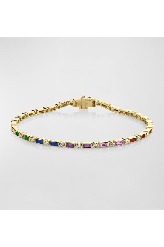 925 Silvetr Rainbow Baguette and Round cz Diamond Bezel Eternity Bracelet | Lab multi sapphire baguette cut tennis bracelet gold | Rainbow bracelet gold
