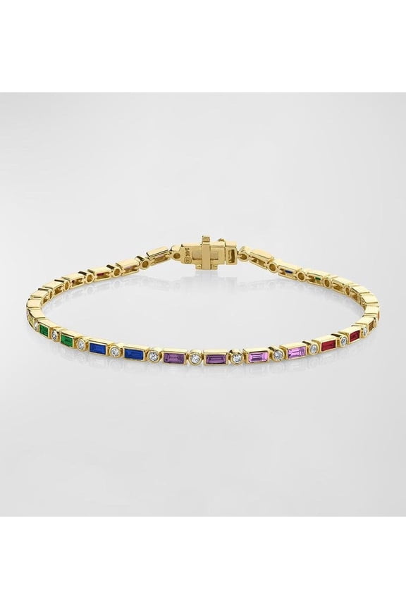 925 Silvetr Rainbow Baguette and Round cz Diamond Bezel Eternity Bracelet | Lab multi sapphire baguette cut tennis bracelet gold | Rainbow bracelet gold