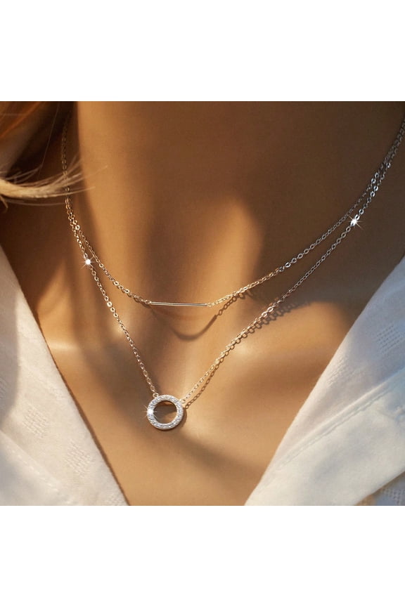 925 Simple Elegant Sterling Silver Round Cubic Zirconia Layered Double-layer Necklace With Long Stick