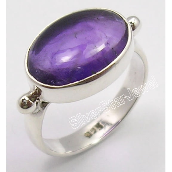 925 Solid Silver Cabochon Purple Amethyst Gem Handmade Ring Size 7