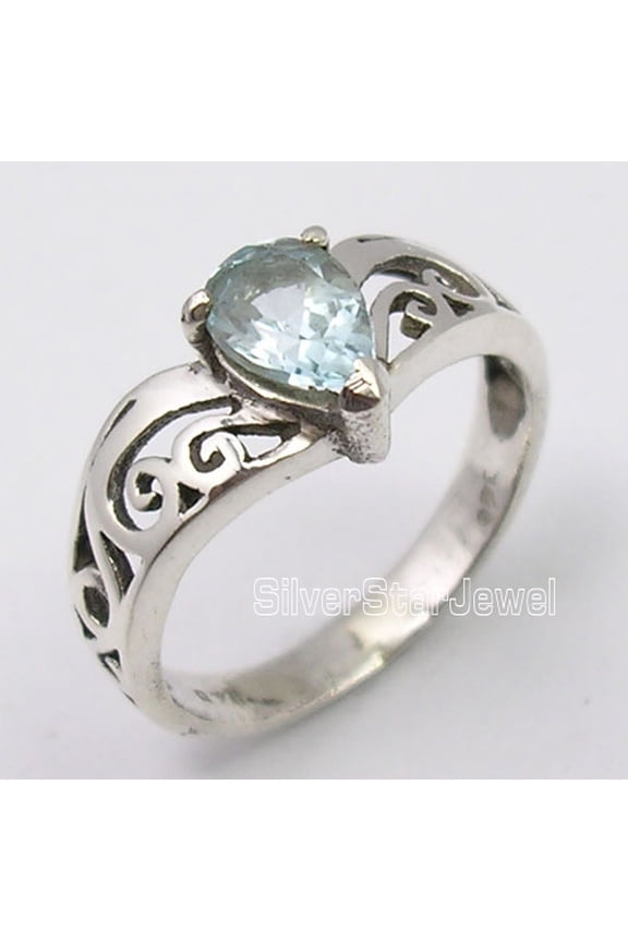 925 Solid Silver Exclusive Cut Blue Topaz Ring Semi Precious Gemstone Size 6