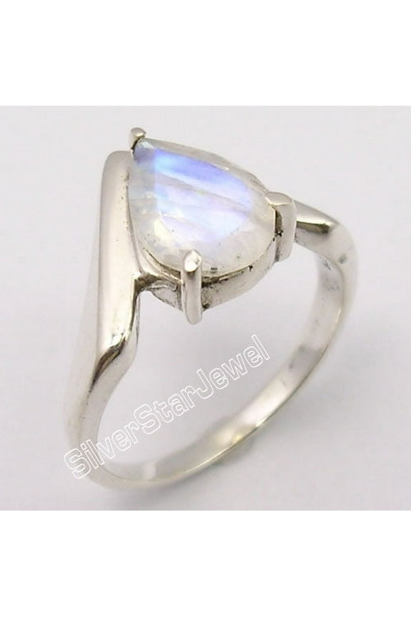 925 Solid Silver Exclusive Drop Rainbow Moonstone Unusual Ring Size 5 Bijoux