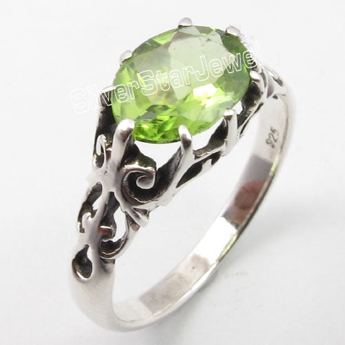 .925 Solid Silver Faceted Green Peridot Cage Setting Handwork Ring Size 5