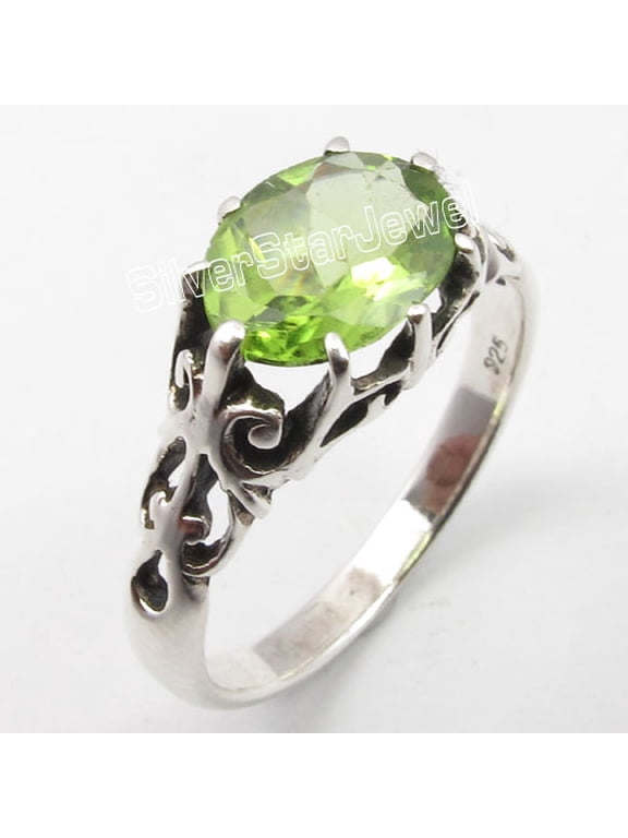.925 Solid Silver Faceted Green Peridot Cage Setting Handwork Ring Size 6