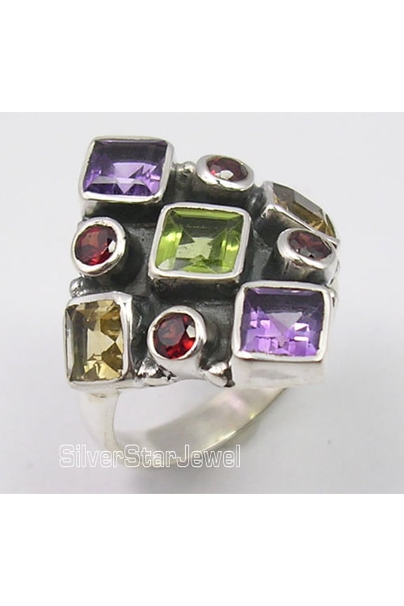 925 Solid Silver Genuine Multistone Multicolored Oxidized Ring Size 10 Bijoux