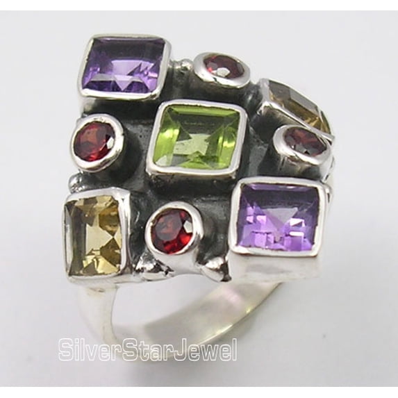 925 Solid Silver Genuine Multistone Multicolored Oxidized Ring Size 7 Bijoux