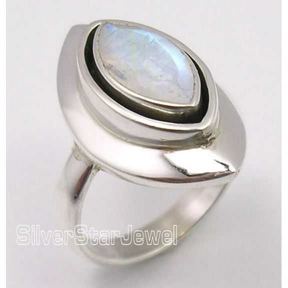 925 Solid Silver Wonderful Rainbow Moonstone Art Marquise Shape Ring Size 5