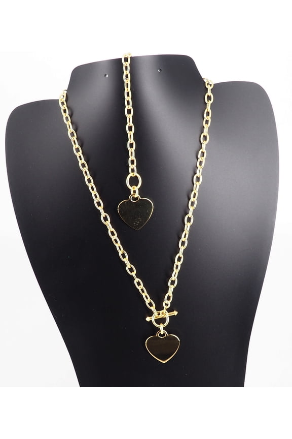 925 Solid Sterling Silver Dangle Engravable Heart Toggle Necklace & Bracelet Set 14k Gold Plated 3.5mm Rolo Chain Unisex, All Ages