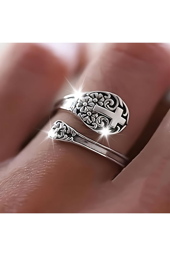 925 Spoon Ring Vintage Turquoise Ring, Adjustable Size 6-9 Antique Spoon Ring, Oxidized Finish Alloy Ring for Women Gift
