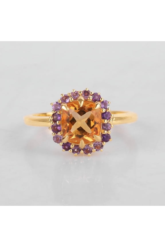 925 Starling Silver Orange Sapphire and Halo Amethyst Bridal Band Ring, Minimalist Handmade Unique Ring, Statment Ring, Cushion Cut Prong Set Handmade Ring