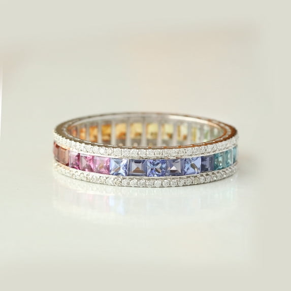 925 Starling Silver Rainbow Sapphire Ring, Multi Sapphire Band, Eternity Band Ring, Triple Layer Ring, Anniversary Ring, Handmade Jewelry, Diamond Band
