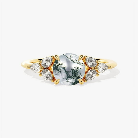 925 Starling Silver Ring, Round Moss Agate Ring, Engagement Ring, Delicate Proposal Ring, Pear Diamond Ring, Handmade Fine Ring, Gift For Har.
