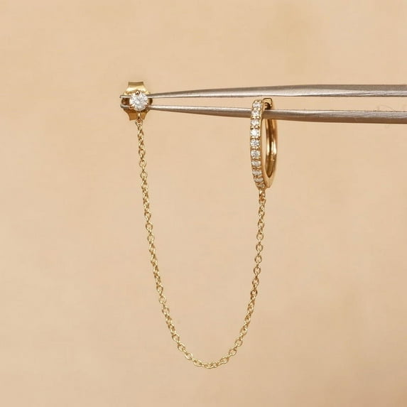 925 Starling Silver Round Diamond Earring Double Piercing Chain & Bar Stud Dainty Huggies for Woman, Drop Chain Hoop Earring Gift For MOM (Price For is Single)