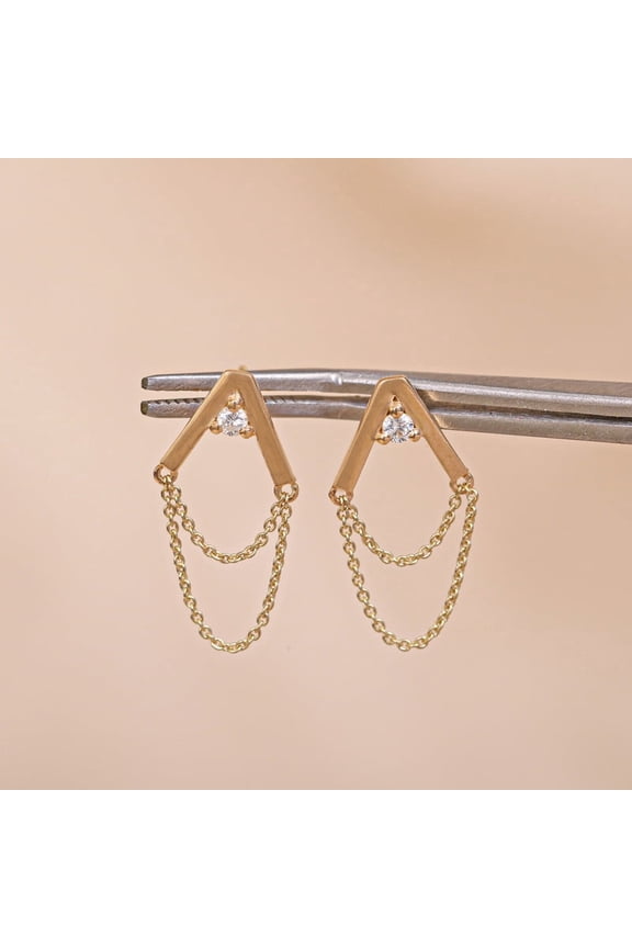 925 Starling Silver Solitaire Diamond Chain Earring, Gold Plated Chevron Design Earring, Diamond Double Chain Earring