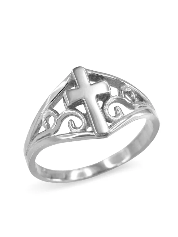 925 Sterling Silver Cross Filigree Ring (Size 6)