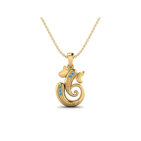 925 Sterling Gold Vermeil Round Swiss Blue Topaz Hindu Religious Ganesh Unisex Necklace