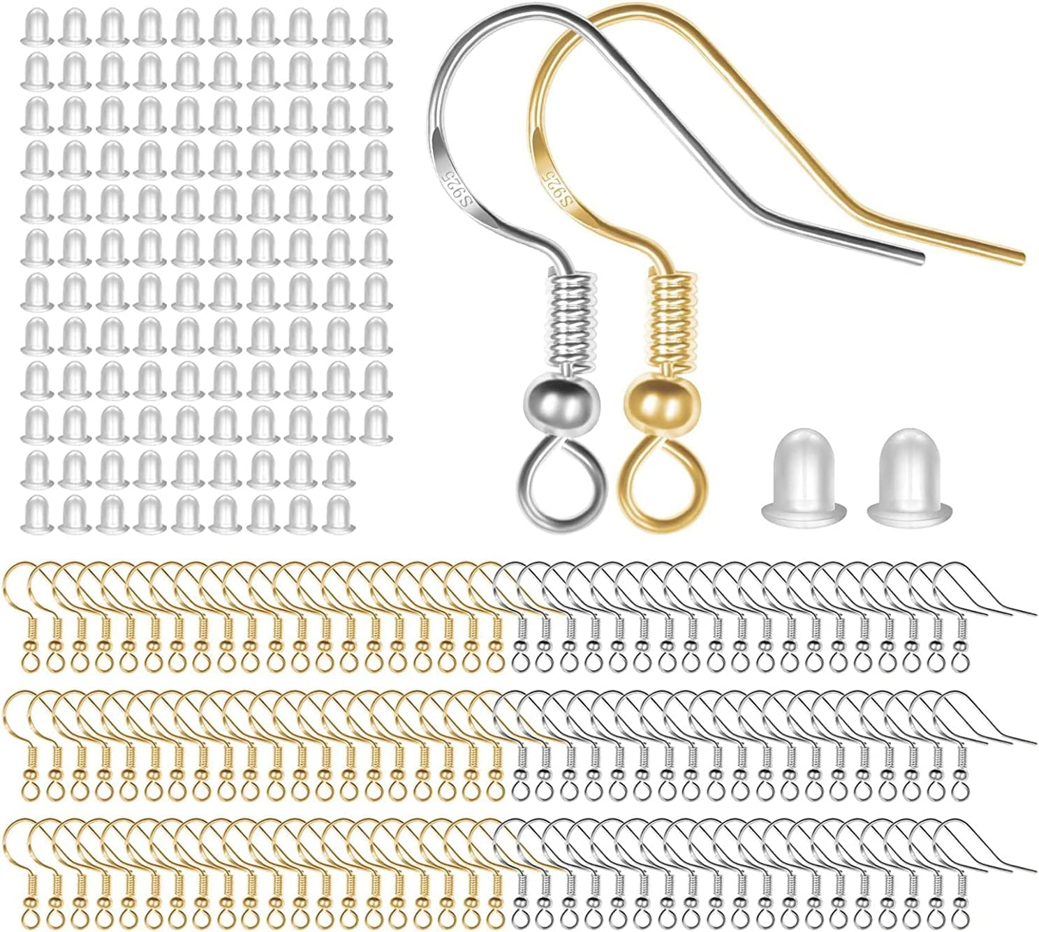 925 Sterling Mixed Earring Hooks 120 PCS/60 Pairs, Ear Wires Fish Hooksfor DIY Jewelry Making, Hypo-allergenic Jewelry Findings Parts with 120 PCS Clear Silicone Earring Backs Stoppers