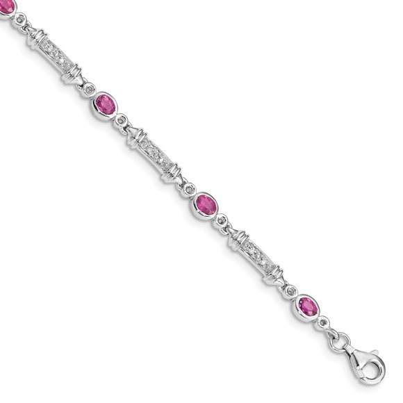 925 Sterling Silver (0.07cttw) Pink Tourmaline and Diamond Bracelet -7" (7in x 4mm)