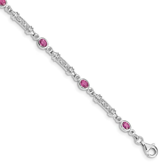 925 Sterling Silver (0.07cttw) Pink Tourmaline and Diamond Bracelet -7" (7in x 4mm)