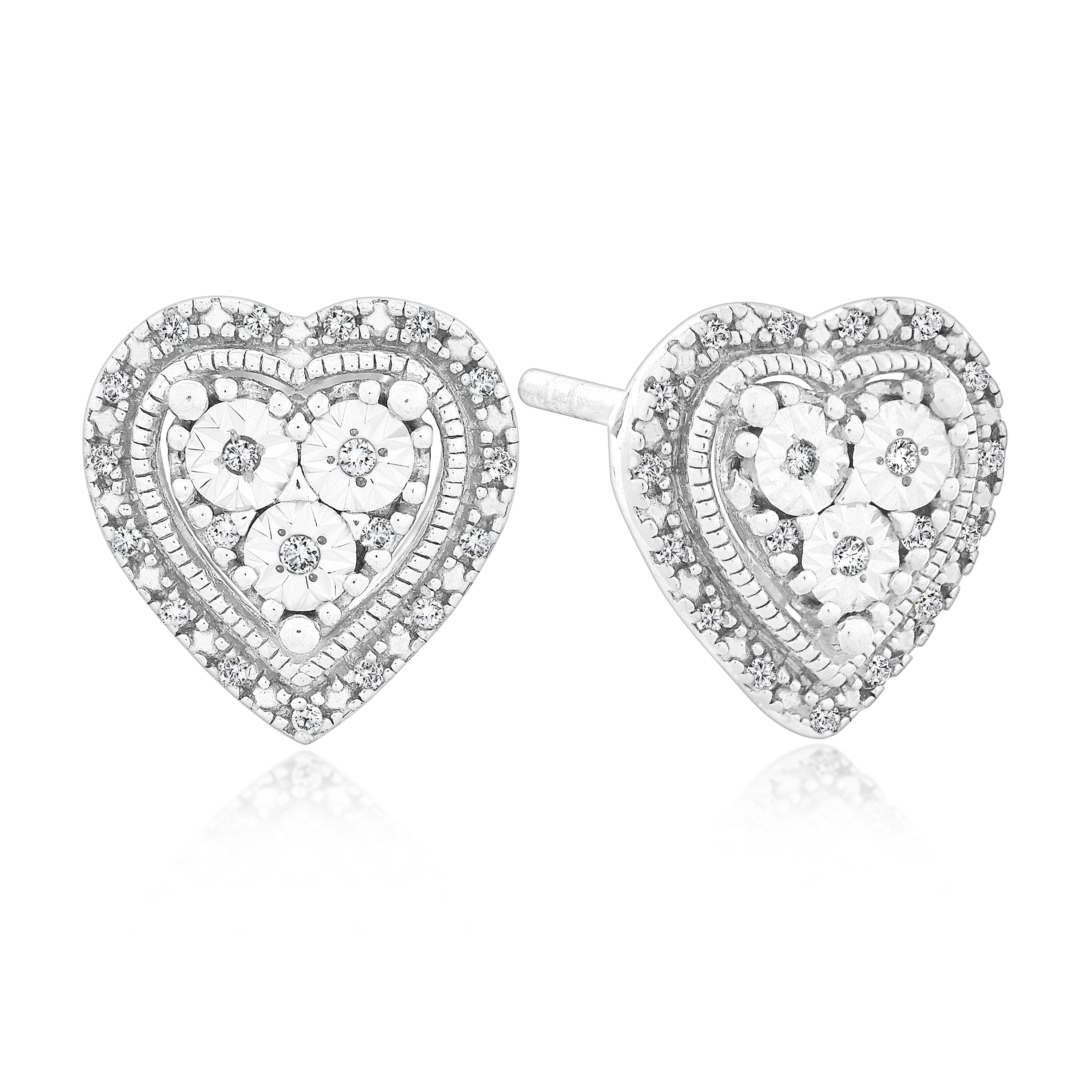 925 Sterling Silver 0.1cttw Genuine Diamonds Heart Earrings