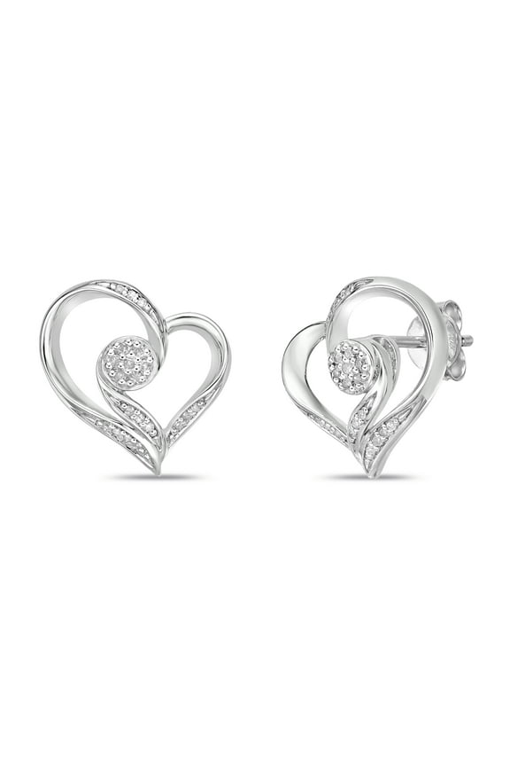 925 Sterling Silver 0.1cttw Genuine Diamonds Open Heart Earrings