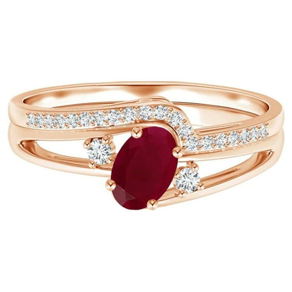 925 Sterling Silver 0.55 Ctw Oval Ruby Stackable Women Dual Band Wedding Ring Size US- 11.5