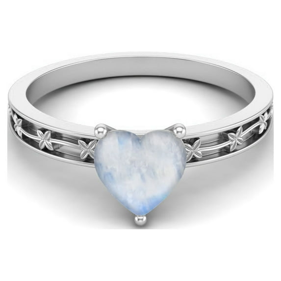 925 Sterling Silver 0.75 Cts Heart Shape Moonstone Solitaire Flower Engraved Shank Women Valentines Day Gifts Ring