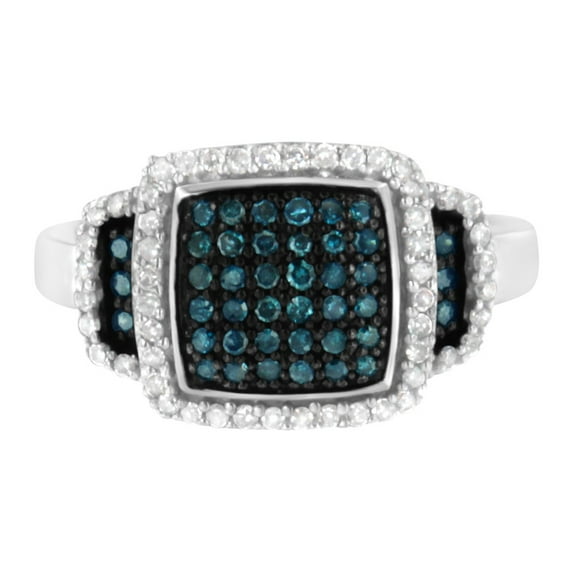 .925 Sterling Silver 1/2 cttw Prong-Set White and Treated Blue Diamond Multi Level Cocktail Ring (Treated Blue and H-I Color,I2-I3 Clarity) - Size 6