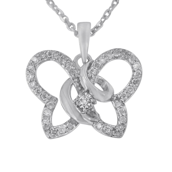 .925 Sterling Silver 1/4 Carat TDW Prong-Set Diamond Butterfly Pendant Necklace with Box Chain (H-I,I1-I2)