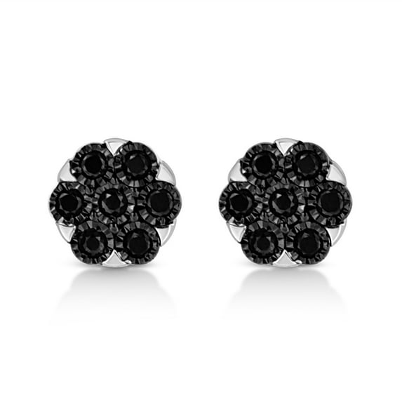 .925 Sterling Silver 1/4 Cttw Black Color Treated Diamond Cluster Flower Stud Earrings (Black color, I2-I3 clarity)
