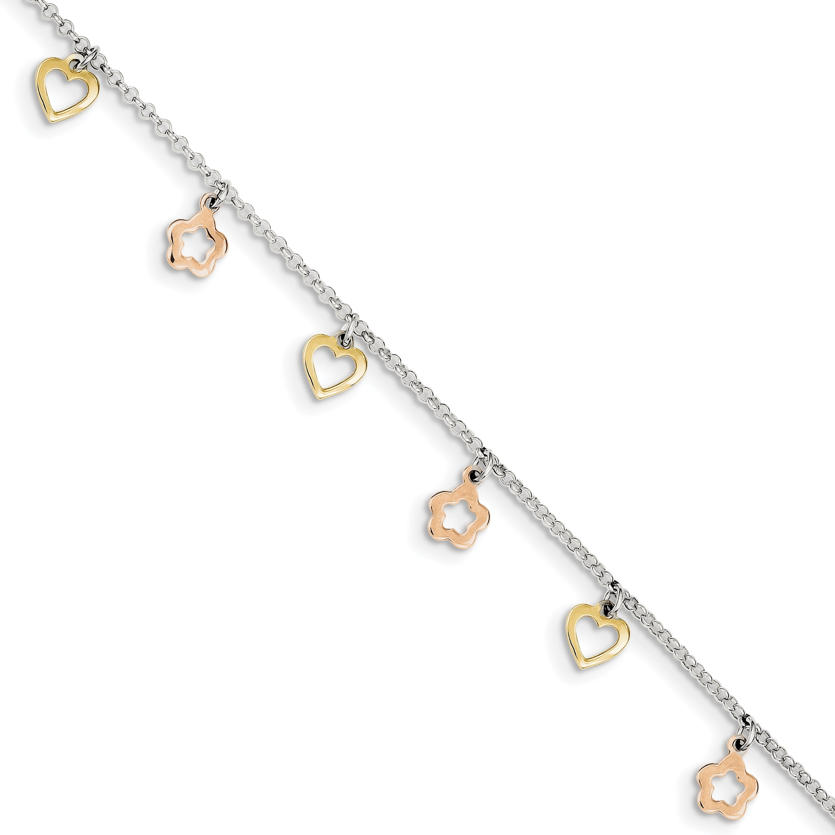 925 Sterling Silver 1.5mm Polished Gold and Rose-Tone Heart Flower Chain Anklet with 1in Extender Length