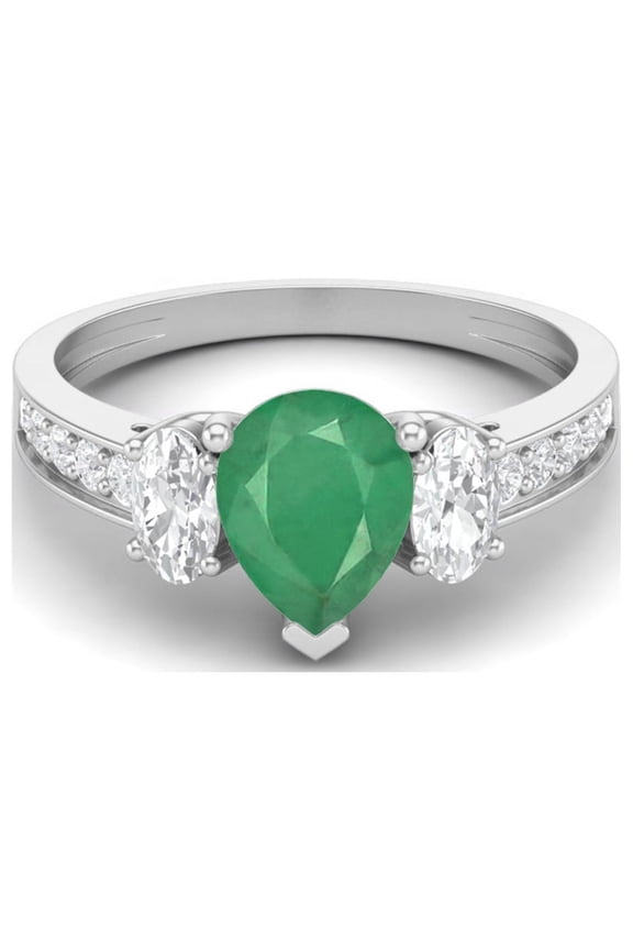 925 Sterling Silver 1.7 Cts Pear Emerald Three Stone Accent Women Mother's Day Gift Ring