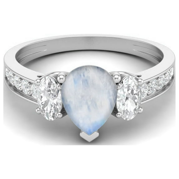 925 Sterling Silver 1.7 Cts Pear Moonstone Three Stone Accent Women Mother's Day Gift Ring