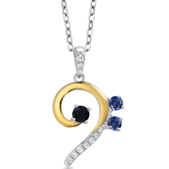925 Sterling Silver and 10K Yellow Gold Black Onyx Blue Created Sapphire and White Lab Grown Diamond Bass Clef Music Note Pendant Necklace for Women By Keren Hanan (0.28 Cttw, with 18 inch Chain)