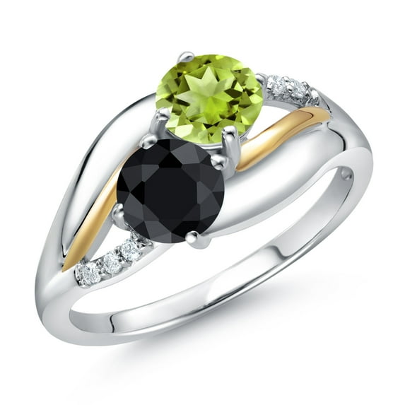 Gem Stone King 925 Sterling Silver and 10K Yellow Gold Black Sapphire Green Peridot and Lab Grown Diamond 2 Stone Engagement Ring for Women (1.28 Cttw, Round, September Birthstone, Size 5)