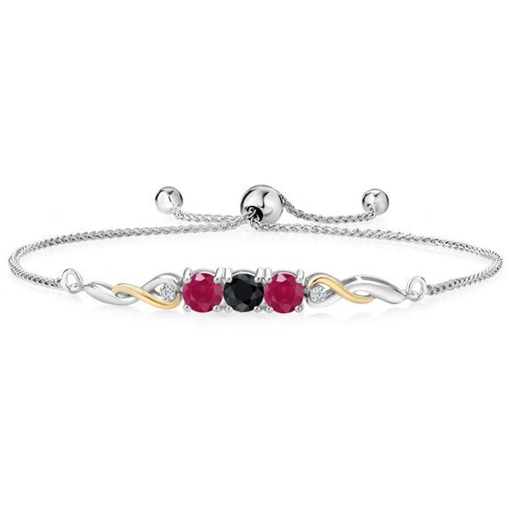925 Sterling Silver and 10K Yellow Gold Black Sapphire Red Ruby and White Lab Grown Diamond Tennis Bracelet for Women (1.81 Cttw, Gemstone September Birthstone, Fully Adjustable up to 9 inch)