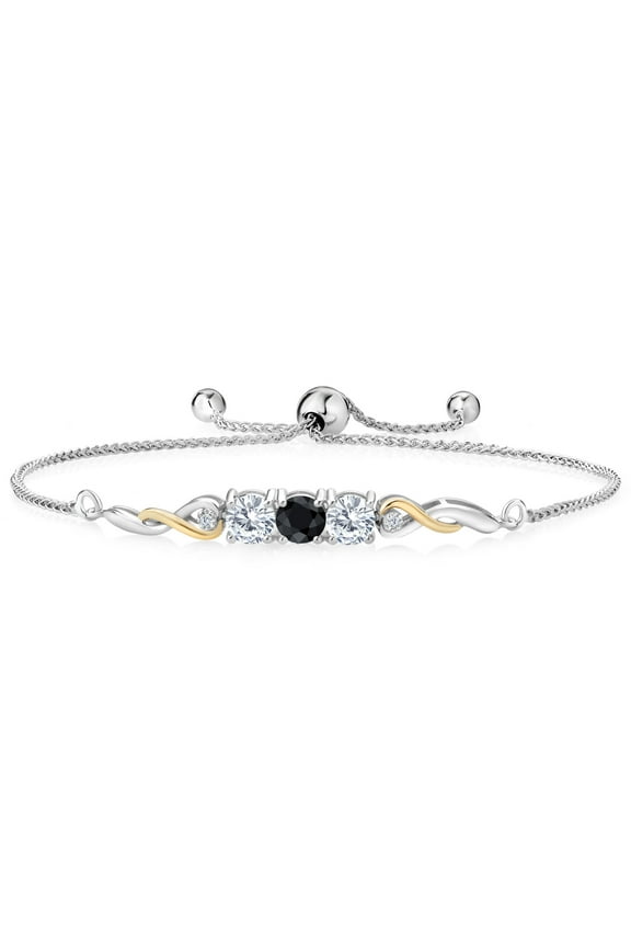 925 Sterling Silver and 10K Yellow Gold Black Sapphire White Moissanite and White Lab Grown Diamond Tennis Bracelet for Women (1.71 Cttw, Gemstone September Birthstone, Fully Adjustable up to 9 inch)