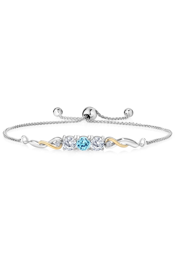 925 Sterling Silver and 10K Yellow Gold Blue Apatite White Moissanite and White Lab Grown Diamond Tennis Bracelet for Women (1.52 Cttw, Gemstone Birthstone, Fully Adjustable up to 9 inch)