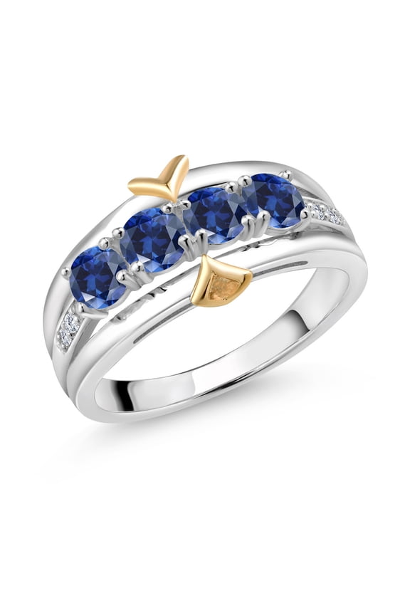 925 Sterling Silver and 10K Yellow Gold Blue Created Sapphire and Lab Grown Diamond 4-Stone Wedding Band Ring for Women (1.05 Cttw, Gemstone September Birthstone, Available in Size 5, 6, 7, 8, 9)