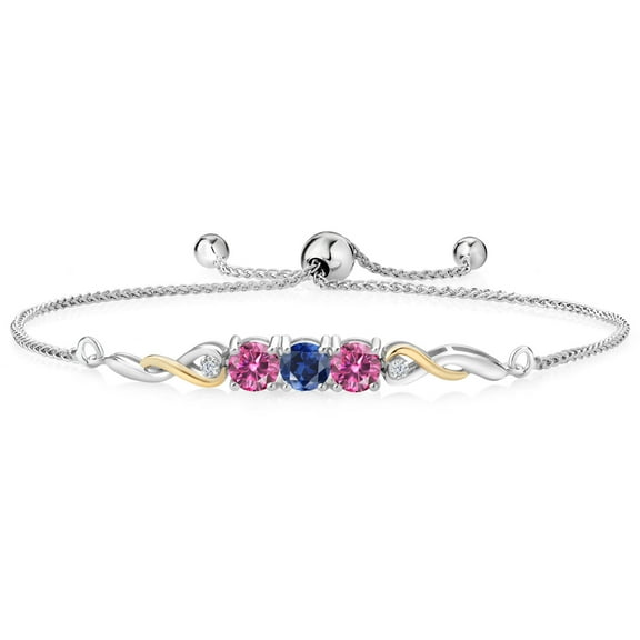 925 Sterling Silver and 10K Yellow Gold Blue Created Sapphire Pink Moissanite and Lab Grown Diamond Tennis Bracelet for Women (1.62 Cttw, Gemstone September Birthstone, Fully Adjustable up to 9 inch)