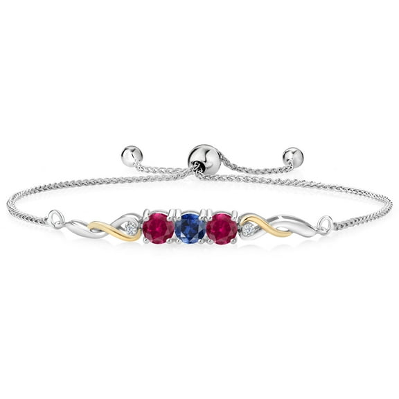 925 Sterling Silver and 10K Yellow Gold Blue Created Sapphire Red Created Ruby and Lab Grown Diamond Tennis Bracelet for Women (2.62 Cttw, Gemstone September Birthstone, Fully Adjustable up to 9 inch)