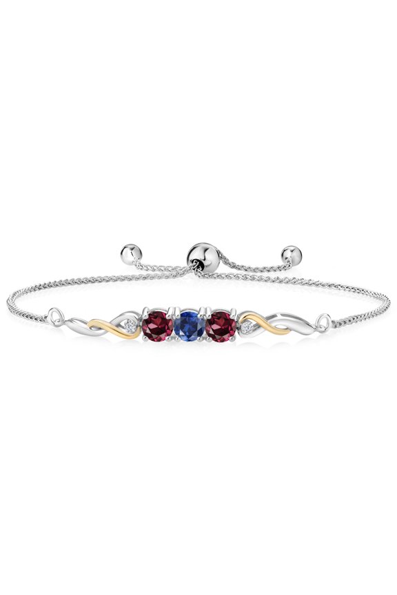 925 Sterling Silver and 10K Yellow Gold Blue Created Sapphire Rhodolite Garnet and Lab Grown Diamond Tennis Bracelet for Women (1.82 Cttw, Gemstone September Birthstone, Fully Adjustable up to 9 inch)