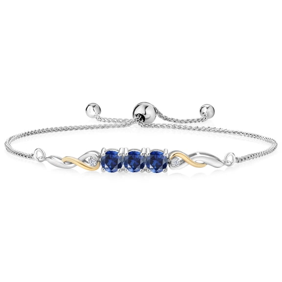 925 Sterling Silver and 10K Yellow Gold Blue Created Sapphire and White Lab Grown Diamond Tennis Bracelet for Women (1.82 Cttw, Gemstone September Birthstone, Fully Adjustable up to 9 inch)