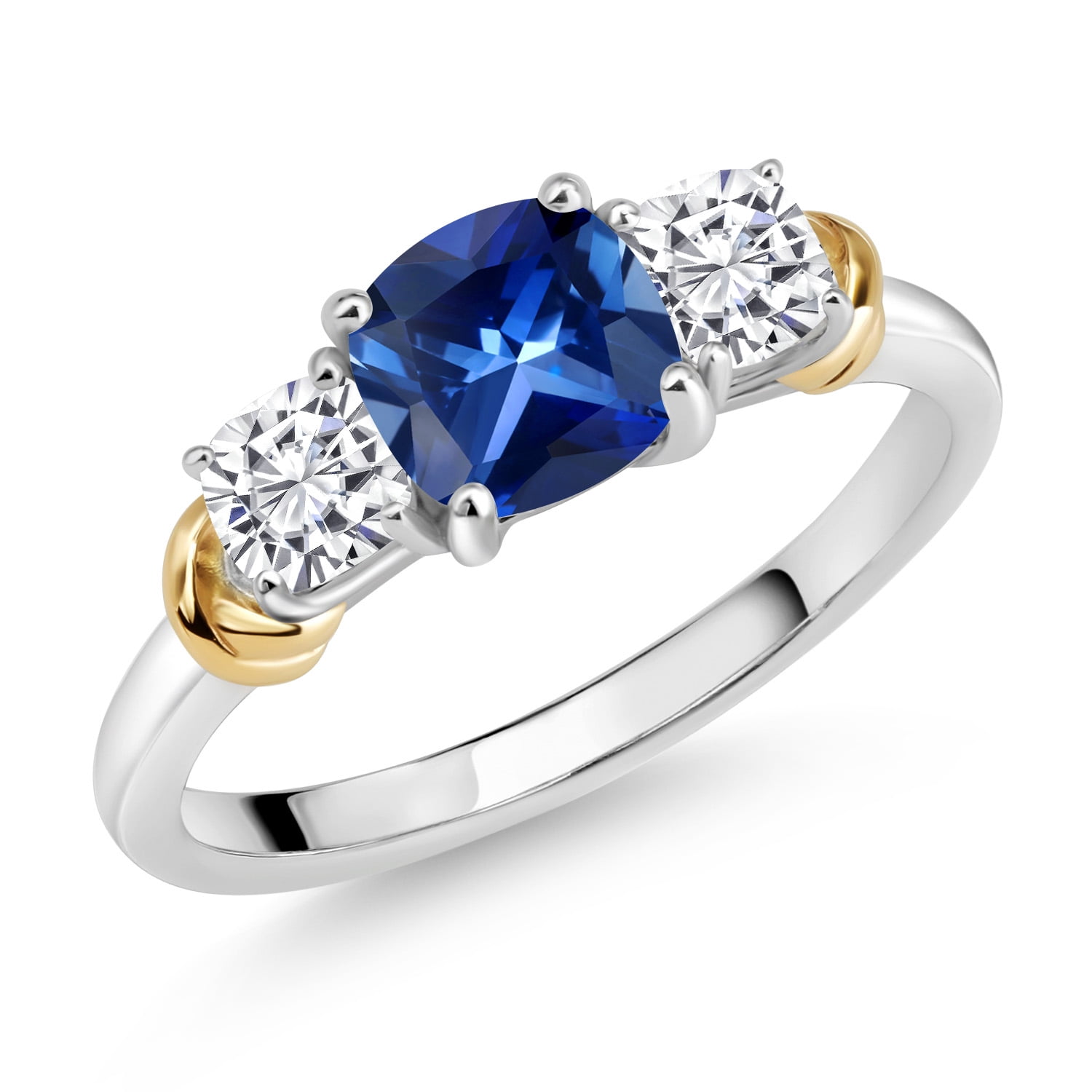 925 Sterling Silver and 10K Yellow Gold Blue Created Sapphire and White Moissanite 3 Stone Engagement Ring for Women (1.64 Cttw, Cushion Cut 6MM and 4MM, Available in Size 5, 6, 7, 8, 9)