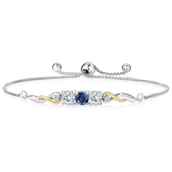 925 Sterling Silver and 10K Yellow Gold Blue Created Sapphire White Moissanite and Lab Grown Diamond Tennis Bracelet for Women (1.62 Cttw, Gemstone September Birthstone, Fully Adjustable up to 9 inch)