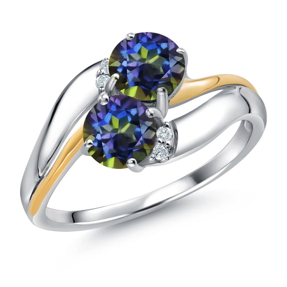 Gem Stone King 925 Sterling Silver and 10K Yellow Gold Blue Mystic Topaz 5MM Round 2 Stone and White Lab Grown Diamond Accent Ring for Women (1.03 Cttw, Gemstone Birthstone, Size 7)