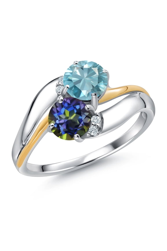 925 Sterling Silver and 10K Yellow Gold Blue Mystic Topaz Blue Zircon 5MM Round 2 Stone and White Lab Grown Diamond Accent Ring for Women (1.38 Cttw, Gemstone Birthstone, Size 7)